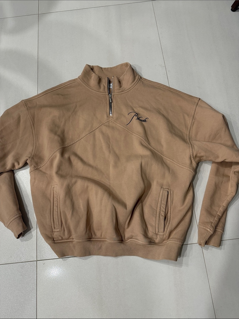 Rhude Men's Zip-Neck Sweater in Camel Tan